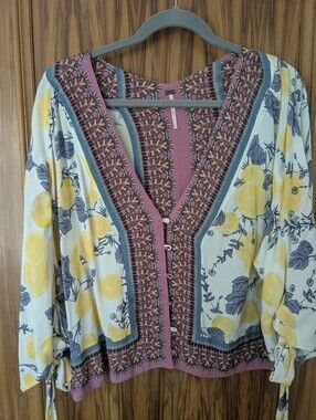 Free People Pink Mixed-Print Kimono with Yellow Lemon Print. Sz Small